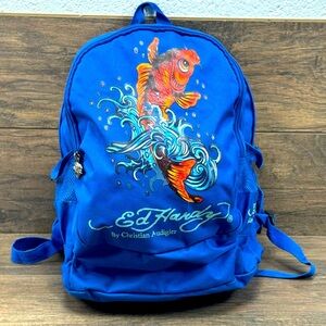 Vintage Don Ed Hardy x Christian Audigier Backpack Koi Blue Travel School